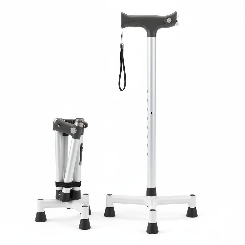Multifunctional Folding Cane for Elderly – Quad Base & Adjustable Height